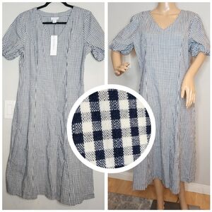 NWT Liz Claiborne Navy Blue White Gingham Midi Dress Size 12 Side Pockets VTG